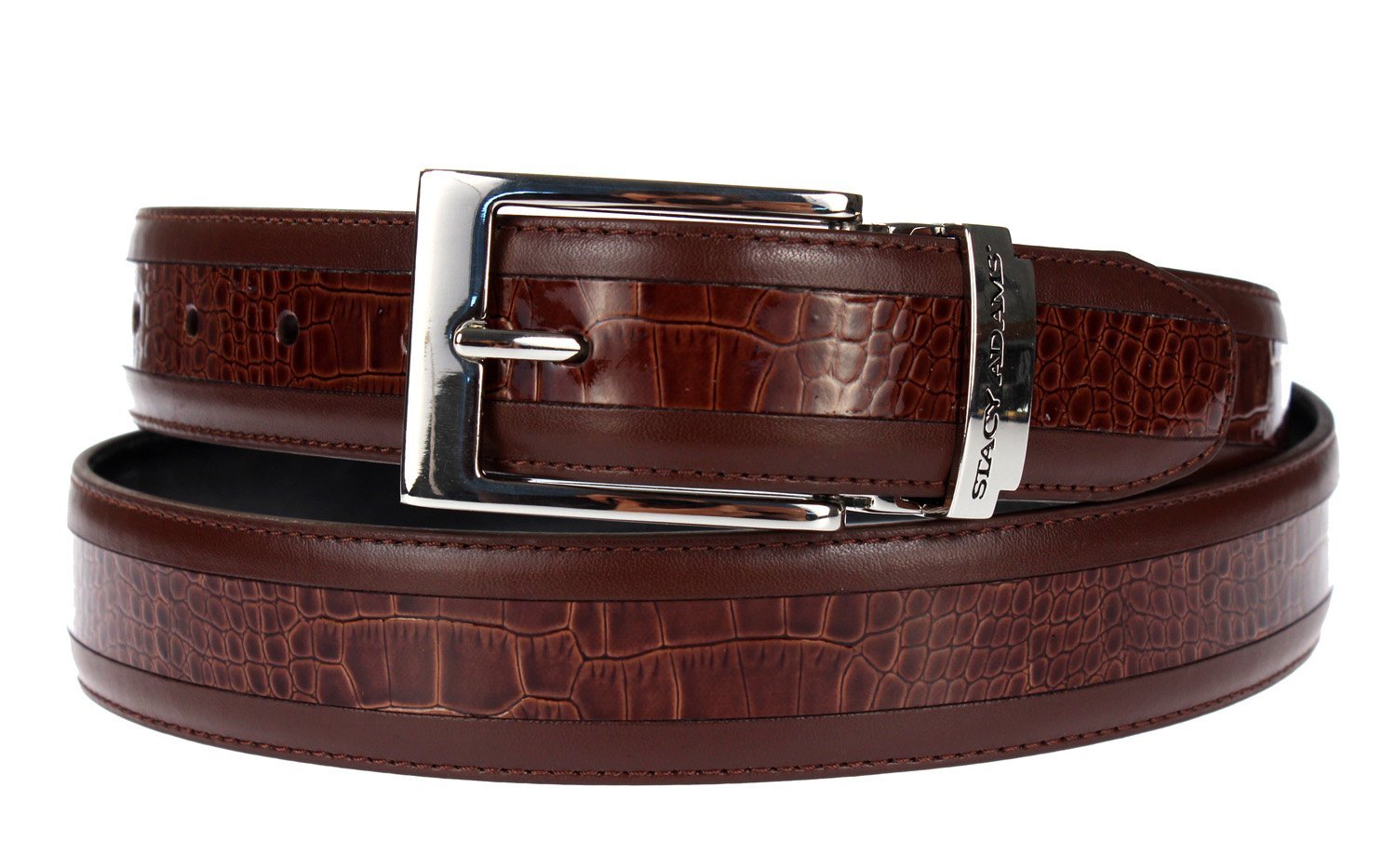 Stacy Adams Mens 6-203 Leather Belt w/ Croco Embossed Center Detail ...